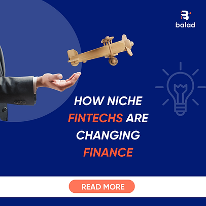 A businessman holding a wooden airplane, symbolizing the rise of niche fintech startups transforming finance, with the Balad logo and a 'Read More' button